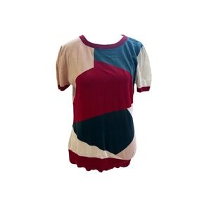 ModCloth Womens Abstract Colorblock Cotton‎ Knit Short Sleeve Sweater Top Large